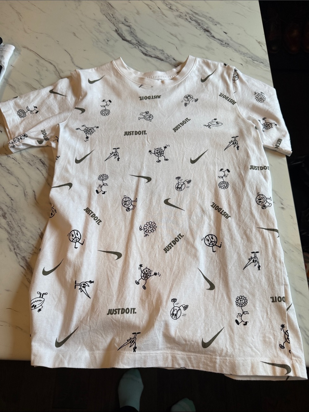 Nike White Kids' Short Sleeve Graphic Tee with Black Swoosh Print